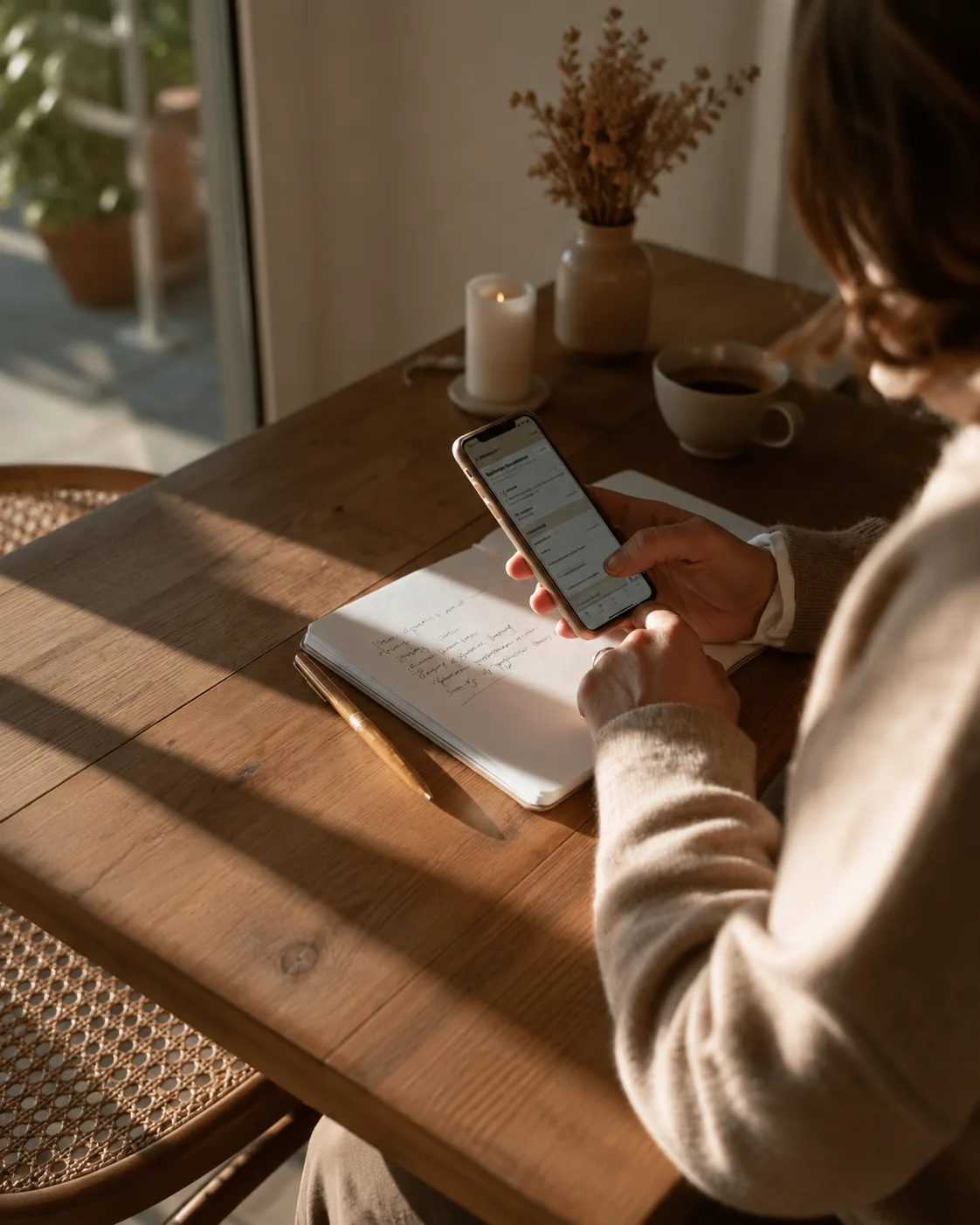 A phone and notebook on a sunlit desk